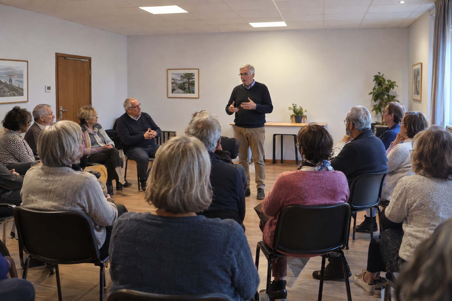Présentation du partenaire devant un groupe de participants assis