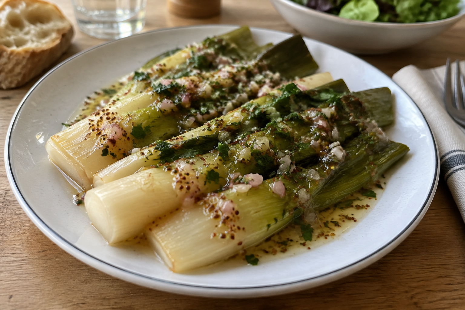 Poireaux fondants, vinaigrette délicatement relevée
