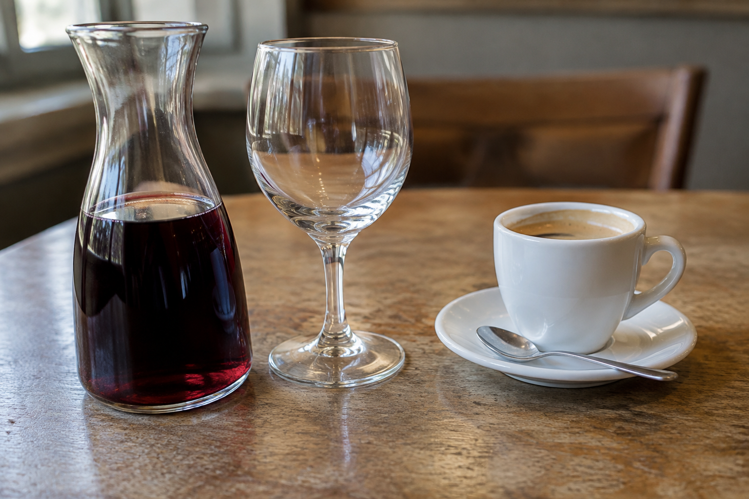 Carafe de vin, verre et tasse de café sur une table